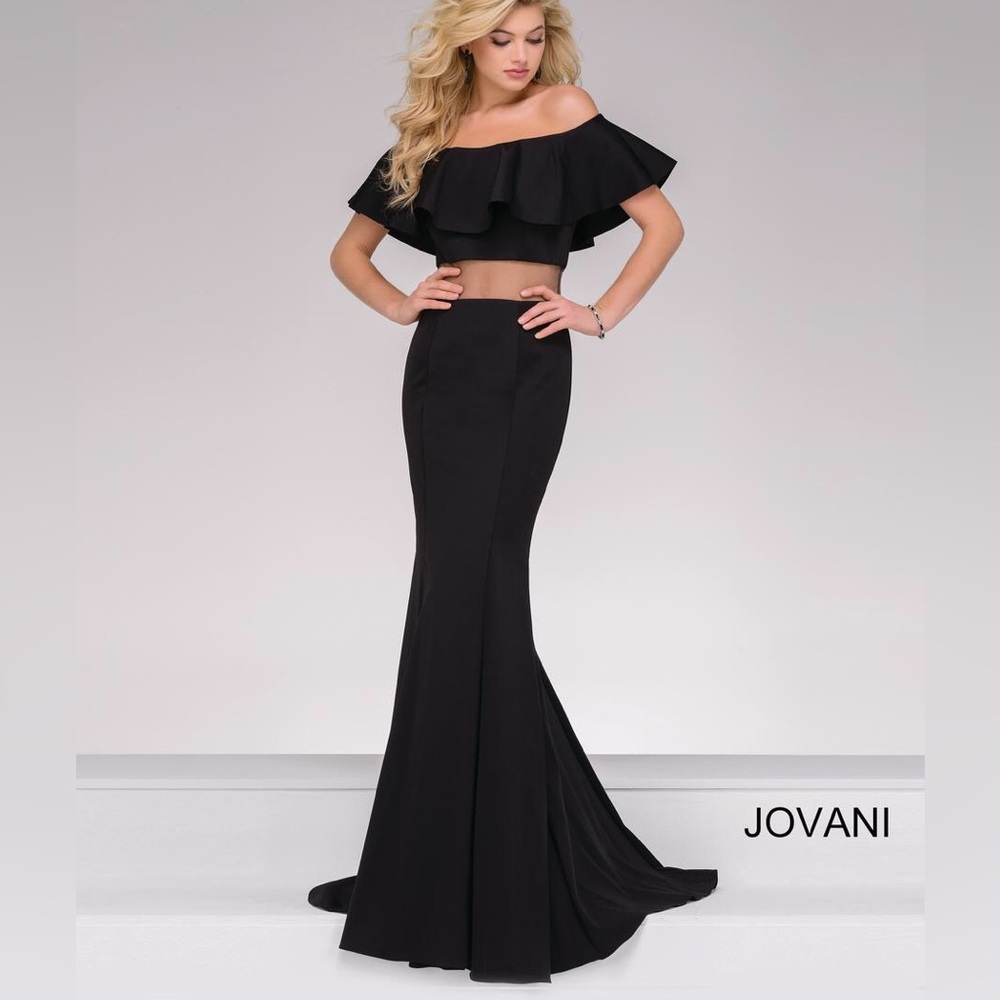 Jovani Black Off the Shoulder Illusion Waist Prom Dress